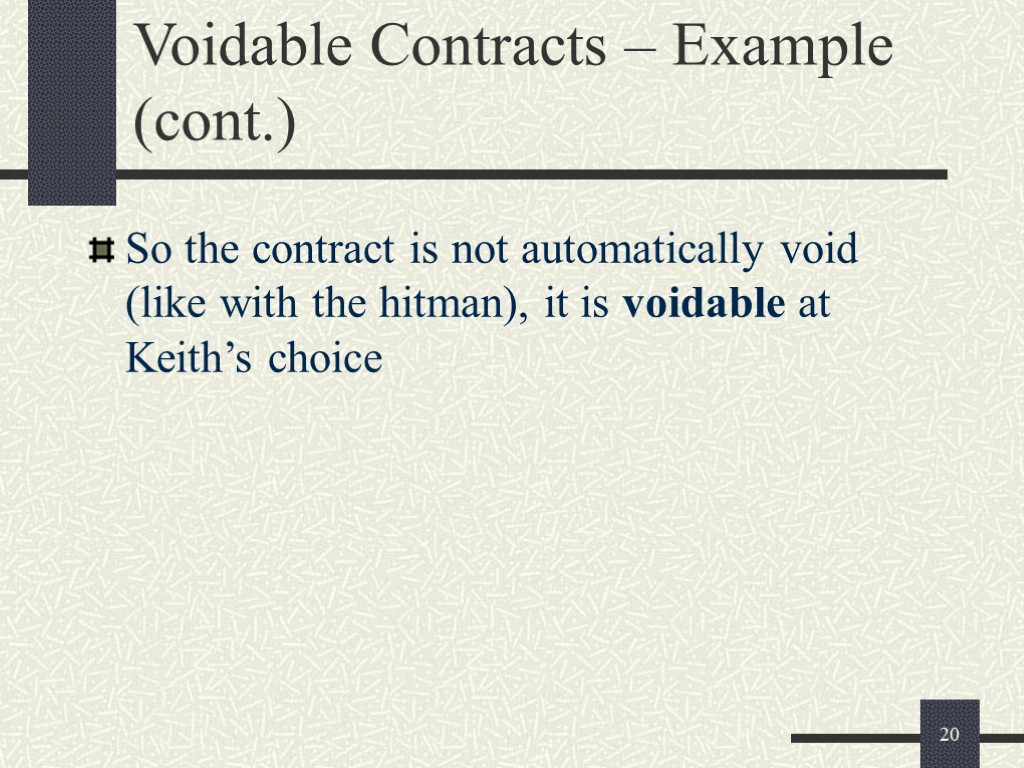 20 Voidable Contracts – Example (cont.) So the contract is not automatically void (like